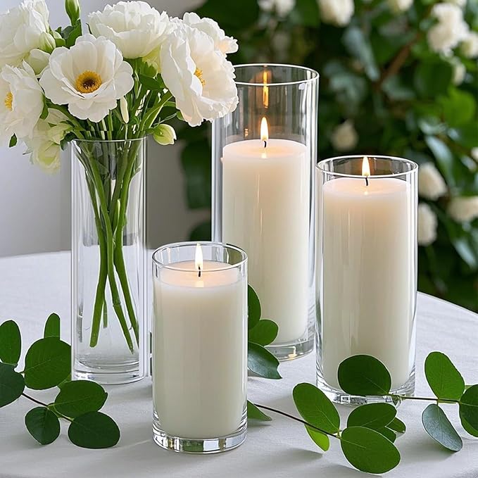 12 PCS White Pillar Candles with Glass Candle Holders Clear Hurricane Candle Holders Glass Cylinder Vases for Centerpieces Wedding Party, Event, Home Office (6 Candles+6 Candle Hoders)