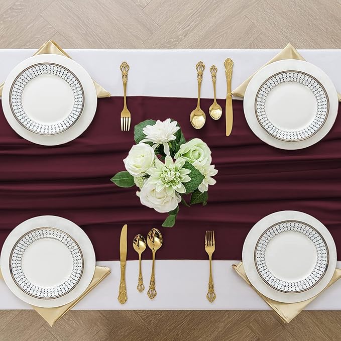 2 Pack 10 Ft Chiffon Table Runner Burgundy Gauze Long Table Runners 27x120 Inches Sheer Tulle Table Runner for Rustic Wedding Reception Bridal Shower Decorations Birthday Party