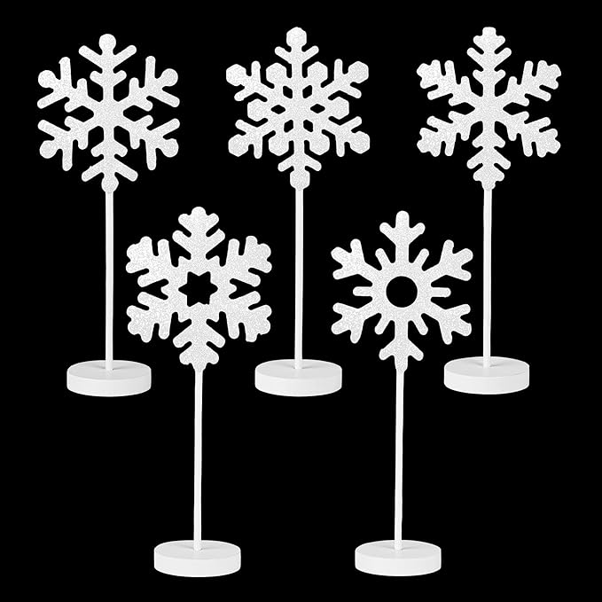 5 Pcs Wooden Christmas Snowflake Sign Winter White Glitter Snowflake Decorations Holiday Wonderland Snowflake Wood Stand Signs for Xmas Party Home Tabletop Tiered Tray Decor