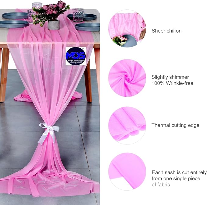 MDS 5 Pack 10ft Chiffon Table Runner 29 x 120 Inches Sheer Wedding Runner Romantic Rustic Table Runner for Wedding Decorations, Birthday Parties, Bridal Shower Party Arch Decor - Bubblegum Pink