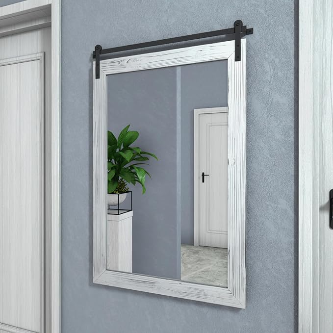 COGOOD Farmhouse Barn Door Mirror - 38" x 25" Rustic Wood Framed Wall Mirror for Bathroom, Living Room, Entryway Wall Decorative (White)