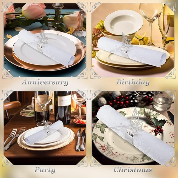 150PCS Butterfly Napkin Rings for Luxury Banquet Style, Reusable Paper Napkin Holders for Wedding Banquet Dinner Table Decor, and Catering Party Services (Silver) (Pack of 2)