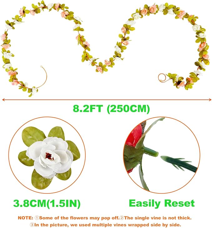 8 Pcs x 8.2 ft Flower Garland Artificial Rose Vine Flowers with Green Leaves Hanging Fake Roses Vine for Room Party Home Wedding Birthday Christmas Wall Arch Decor, Spring Magenta Flower
