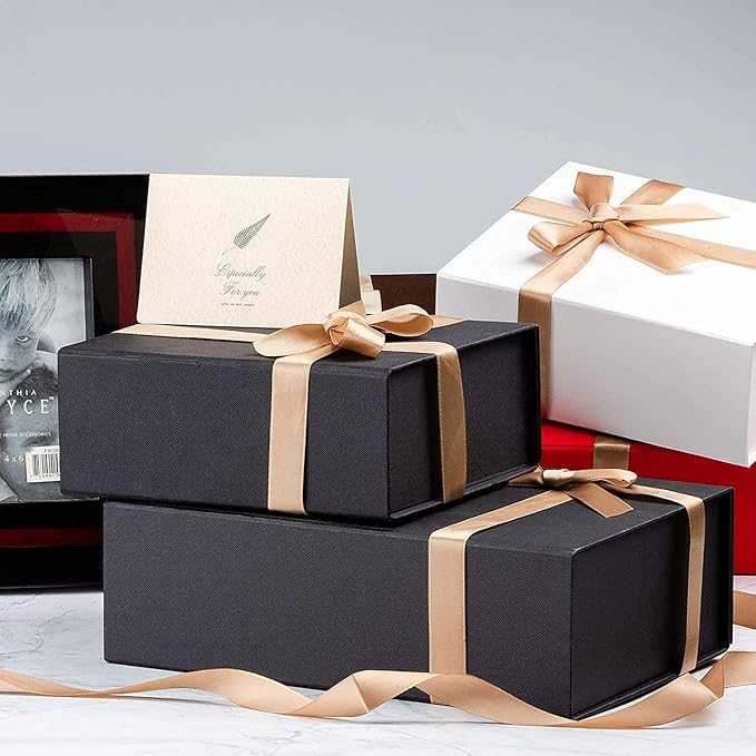 LIFELUM Extra Large Black Gifts Boxes Bulk Set of 5,13.5 x 10 x 4 inch Elegant Gift Boxes with Magnetic Lids, Card,Sticker,Ribbon, Shredded Paper Filler Groomsman Gifts