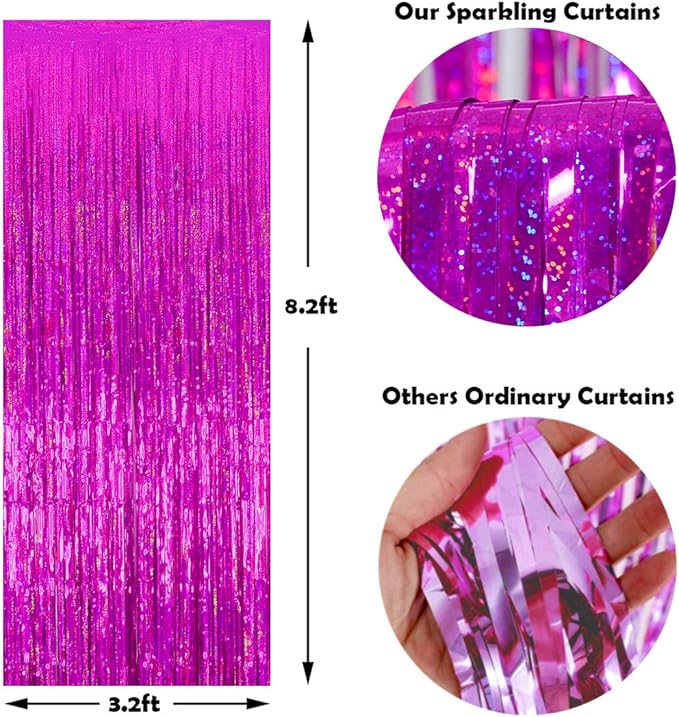 Valentine Backdrop Foil Fringe Curtains Party Decorations - Melsan 3 Pack 3.2 x 8.2 ft Tinsel Curtain Party Photo Backdrop for Birthday Party Baby Shower or Graduation Decorations Rose Red