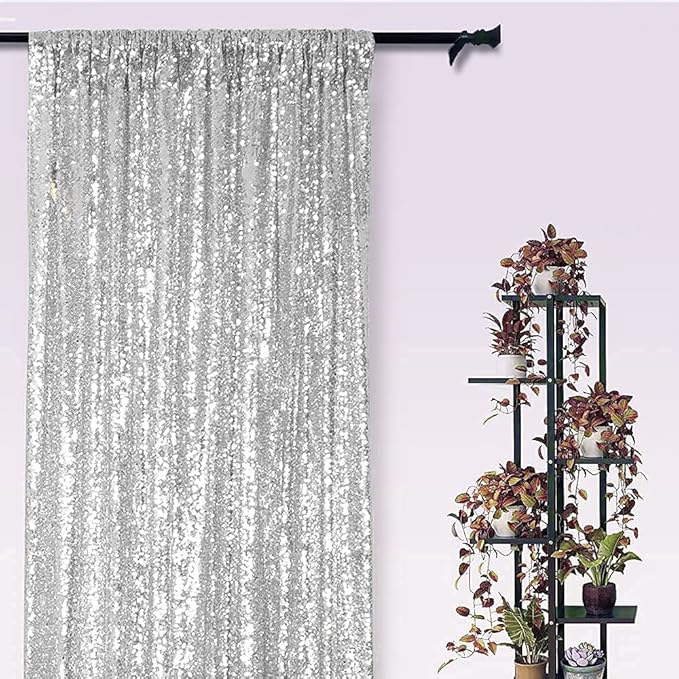 Silver Sequin Backdrop Curtains 1 Panel 8FTx8FT Wedding Photo Backdrop Drapes Glitter Birthday Bridal Party Curtains Sparkle Background Party Decor Curtains