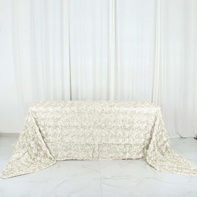 Efavormart 90"x156" Wholesale Rectangle Table Cover Ivory Grandiose Rosette 3D Satin Tablecloth for Wedding Party Event Decoration