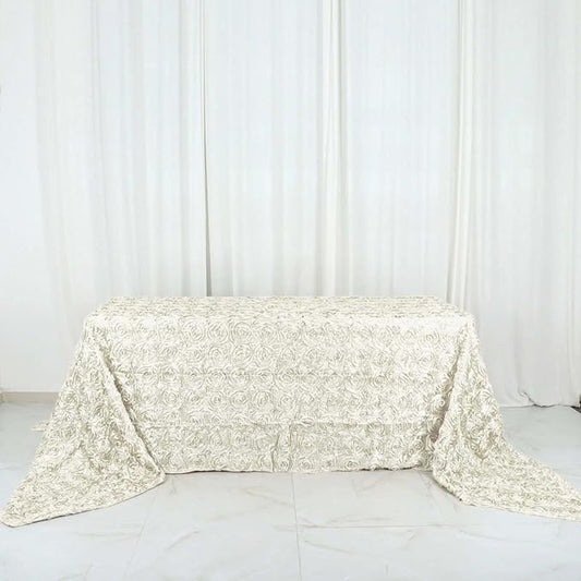 Efavormart 90"x156" Wholesale Rectangle Table Cover Ivory Grandiose Rosette 3D Satin Tablecloth for Wedding Party Event Decoration