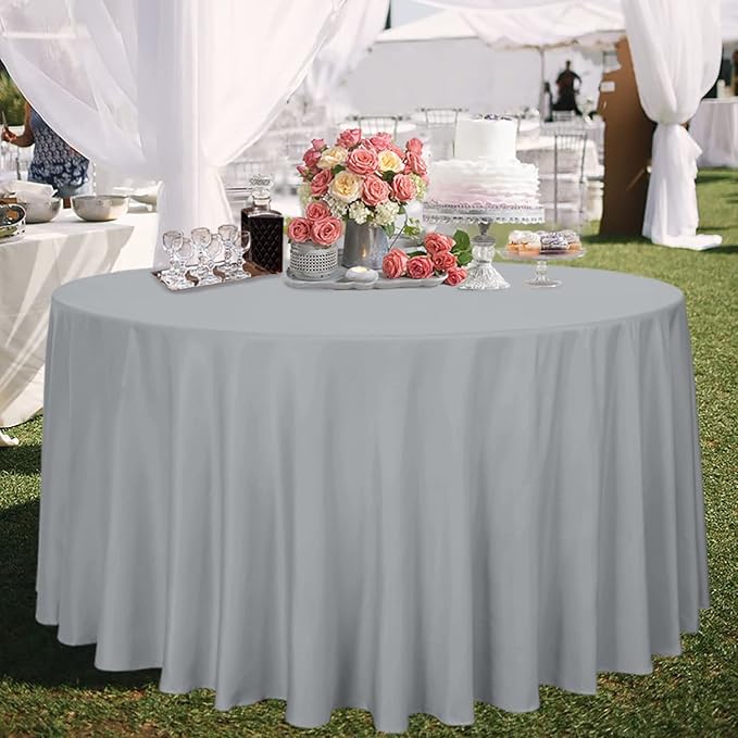 sancua Round Tablecloth - 120 Inch - Water Resistant Spill Proof Washable Polyester Table Cloth Decorative Fabric Table Cover for Dining Tables, Buffet Parties and Camping, Silver Grey