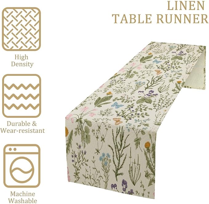 Floral Botanical Table Runner, Garden Spring Flower Botanical Butterfly Animal for Restaurant, Kitchen, Wedding, Party Rectangular Table Runner Decoration,13in（33cm） W * 120in（305cm） L
