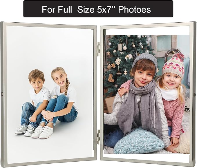 7x9'' Silver' Double Floating Frame For Photo Sizes (4x 6''5x7'',6x8''),Adjustable Tabletop/Shelf Photo Frame,Gift for Wedding,Birthady, Home or Office Decor.