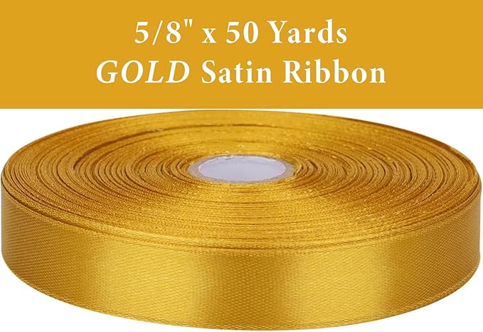 5/8" x 50 Yards Gold Satin Ribbon Single Faced Fabric Ribbons for Gift Wrapping, Crafting, Bows Making, Sewing, Wedding, Home Decor