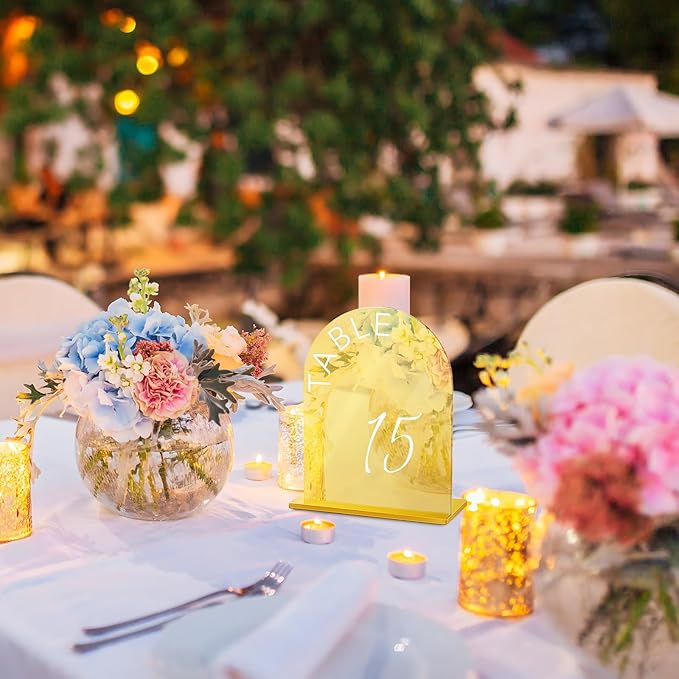Gold Wedding Table Numbers 1-15 w/Stands: Gold Mirror Arch 5x7 Acrylic Display Signs and Holders - Perfect for Wedding Receptions, Party, Anniversaries, and Events