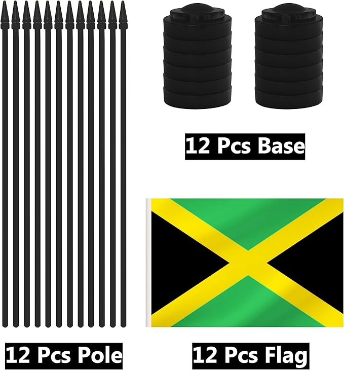 12 Pack Jamaica Desk Flags, Jamaican Desktop Flag, Small Miniature Office Flags with 12" Black Pole and Black Base, Offices, Classroom, Home, Festival Decoration (Jamaica)