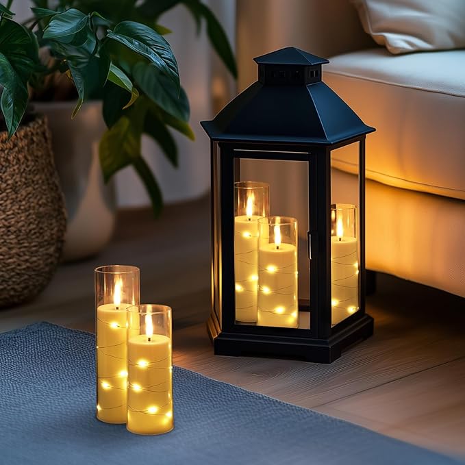 Homemory Flameless Candles with Embedded Star String Fairy Lights, Battery Operated Candles with Remote Control and Timer, Acrylic Flickering LED Candle for Fall Decor, Ivory, Set of 9, D2.2”xH5”6”7”