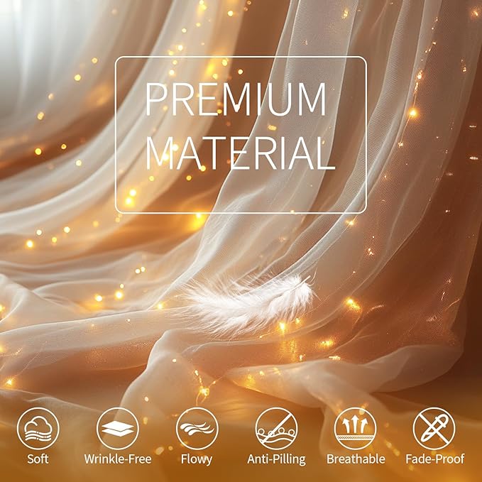Champagne Tulle Backdrop Curtain with Lights String - 10x10ft Sheer Backdrop with 300 LEDs for Wedding, Baby Shower, Bridal Shower, Birthday Party Photo Shoot Background and Home Decorations