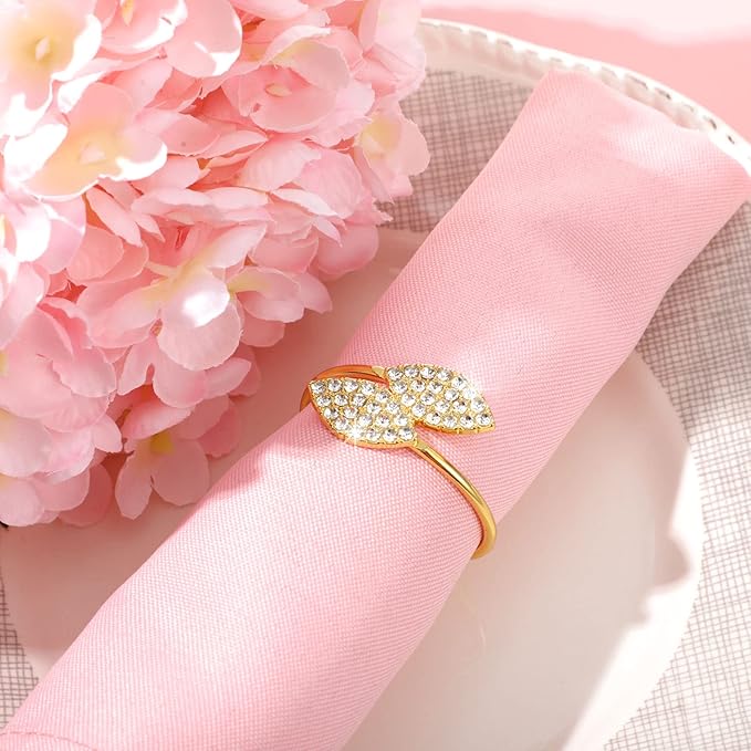 Hotop 200 Pcs Napkin Rings Gold Table Decorations, Elegant Bling Leaves Napkin Rings, Rhinestone Guest Towels Buckle for Wedding Gold Party, Thanksgiving Christmas Dinner Banquet Table Decoration