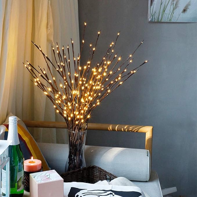 Lxcom Lighting LED Branch Lights 3 Pack 20 LEDs Decorative Branches Battery Operated with Timer Brown Willow Twig Lighted Branches Warm White Artificial Twig Lights for Home Party Wedding Decoration