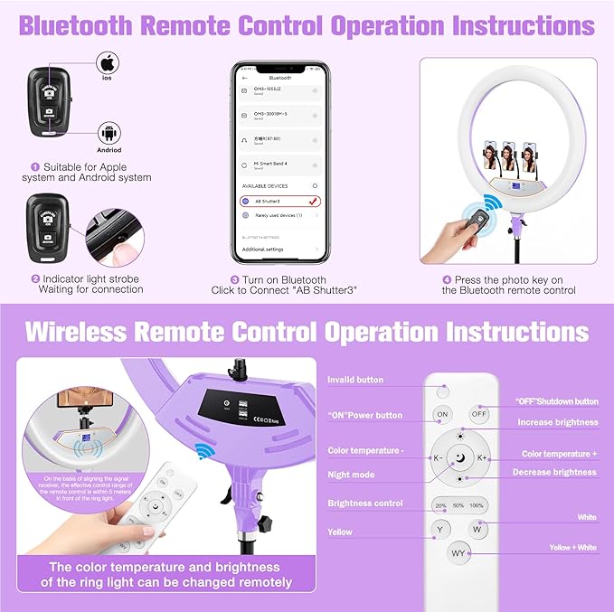 Ring Light 22inch Kit: Ring Light Tripod for iPhone ipad, with 75" Tripod/LCD Display/2 USB Ports Overhead Phone Mount for Video Recording, Zoom Meeting,YouTube,TikTok (Purple)