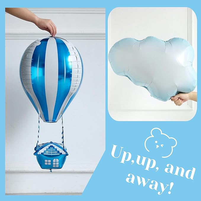 Up Up and Away Balloon Garland Arch Kit, 152pcs Dusty Slate Fog Baby Blue and Sand White Balloons with Hot Air Balloon and Cloud Foil Balloons for Baby Shower Decoration Teddy Themed Party