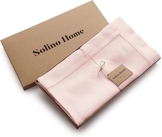 Solino Home Linen Tablecloth 60 x 108 Inch - Classic Hemstitch 100% Pure Linen Pink Table Cloth for Rectangle Tables - Machine Washable Tablecloth for Halloween