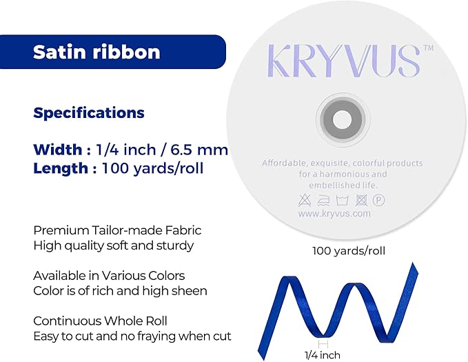 Royal Blue Satin Ribbon 1/4 inch X Continuous 100 Yards, Single Face Polyester Ribbon Perfect for Gift Wrapping, Flower Bouquet, Wedding Decor, Crafts, Bow Making, Sewing and More