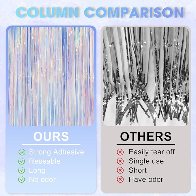 2 Pack Iridescent Foil Fringe Curtains, Holographic Tinsel Streamers Birthday Party Decorations, Fringe Backdrop for Kids Birthday, Baby Shower, Anniversary, Engagement Themes Party