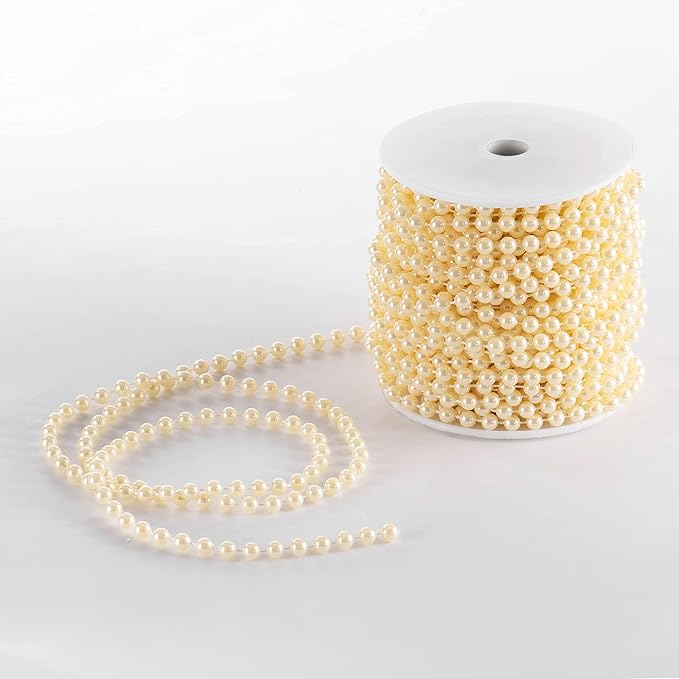 Craft String Pearls 6MM Pearl Bead, 66 Feet Ivory Faux Pearl Garland Spool Roll Strand Wedding Party Decoration, Christmas Tree Decorations