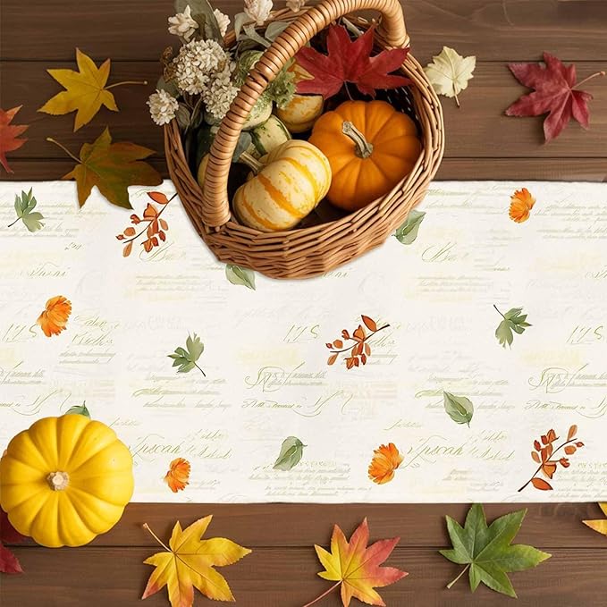 Fall Wildflowers Cotton Linen Table Runner for Dining Kitchen, Thanksgiving Pumpkin Outdoor Party Rustic Tablerunners Decoration, Botanical Floral Vintage Dresser Scarf Tablecloth Runners 13x36 Inches