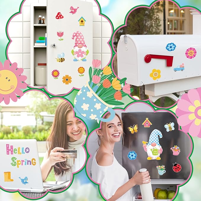 25 Pcs Hello Spring Magnet Car Decorations Colorful Waterproof Flowers Automotive Magnet Stickers Refrigerator Bee Butterfly Gnome Magnets Home Decor Party Supplies for Cars Office Whiteboard