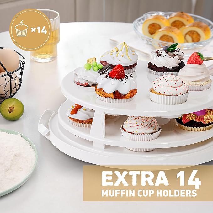 Round Cupcake Carrier for Transport, Two Tier Cupcake Container with Lid and Handle, Multipurpose Cake Holder fits 10 inch Cake, Cupcake Box Holds 14 Standard Cupcakes,White