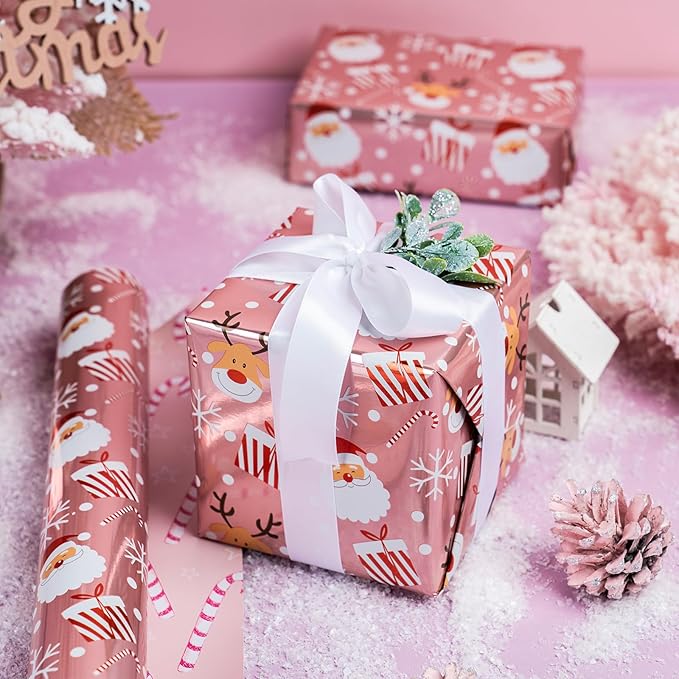 LeZakaa Christmas Pink Wrapping Paper Jumbo Roll, Santa Claus & Candy Cane, Metallic Foil, Rose Gold Foil Reversible Design for Festive Winter Holiday, Family Gathering, 30 inches x 100 Feet