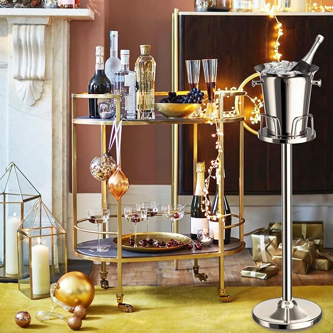 Ice Bucket with Stand Standing Champagne bucket for Party Stainless Steel Wine Bucket Wine Cooler with Stand 5L Wine Chiller for Bar Ktv Weding (silver)
