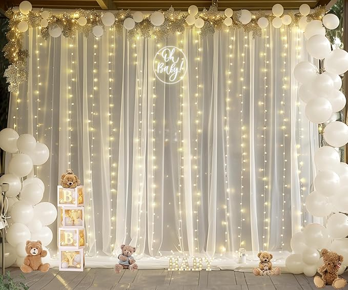 Ivory Tulle Backdrop Curtains with Lights String for Parites Wedding 20×8ft Ivory Sheer Backdrop Curtains for Baby Shower Birthday Party Photo Shoot Background Decorations(4 Panels 5ft×8ft)