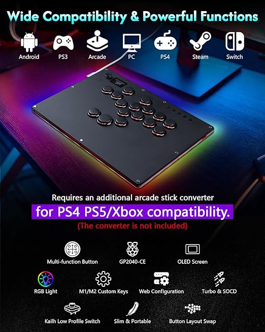 GuileKeys Leverless Controller Arcade Stick GK-16, All-Button Arcade Controller with Multi-function Button for PS4/PS3/PC/Switch, Arcade Fight Stick with RGB/Turbo/Hot-Swap/Low Profile Switch Black