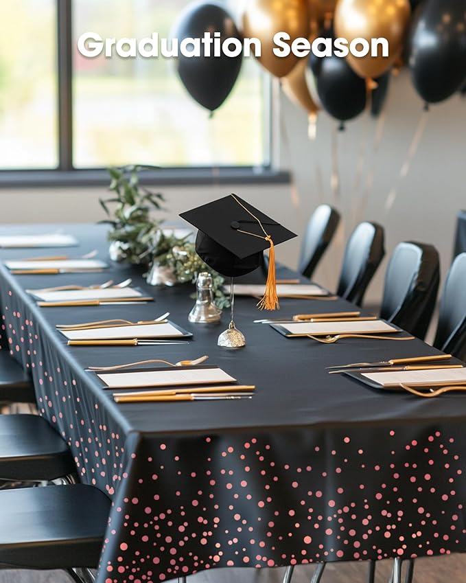 Pureegg Plastic Table Cloth Disposable 10 Pack, 54 x 108 Inch Table Cloths, Graduation Decorations of 2025, Graduation Tablecloths, Rectangle, Plastic Cover, Leakproof & Sturdy, Black and Rose Gold