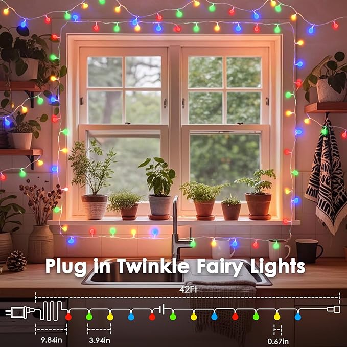 LORRYTE Connectable 100LED Christmas Lights Outdoor Indoor - 43FT Multicolor Globe String Lights with Remote, 8 Modes Plug in Fairy Light Waterproof for Christmas Decorations Bedroom Decor