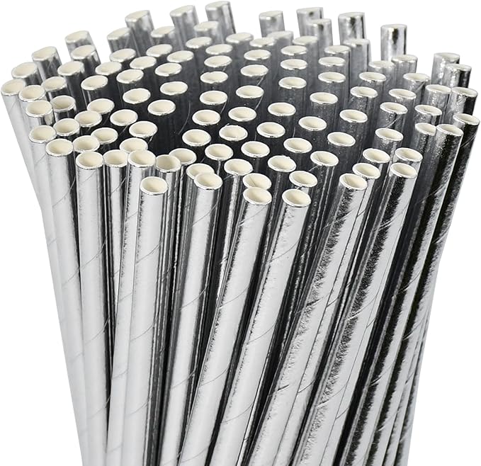 7.75" x 0.24" Silver Disposable Paper Drinking Straws for Cocktails, Party, Wedding, Bars, Restaurants, 100 Counts