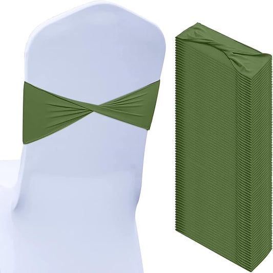 Kinlop 50 Pcs Spandex Chair Sashes Bows Chair Bands Slider Sashes for Covers Elastic Bands Ties Without Buckle Decorations for Wedding Party Events Ceremony Birthday (Moss Green)