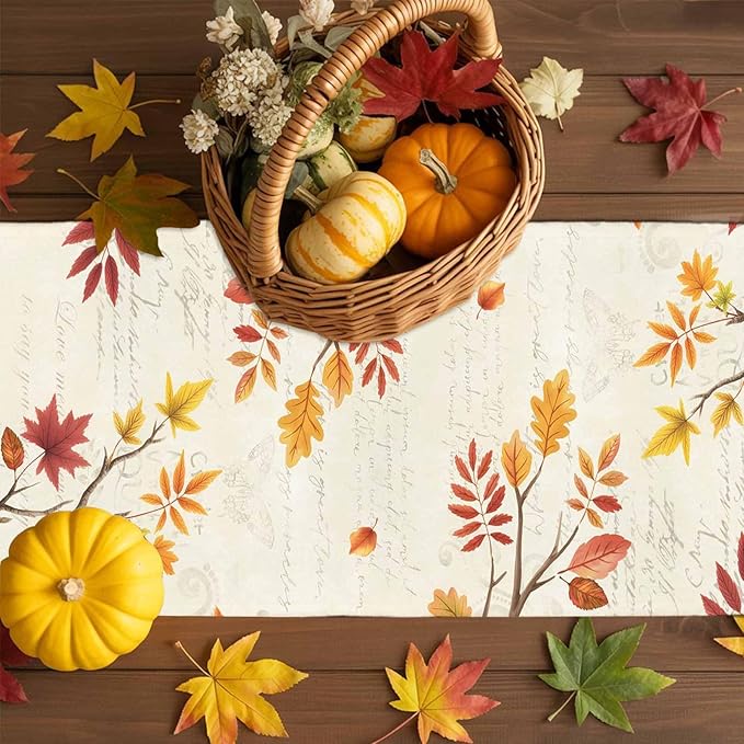 Thanksgiving Fall Cotton Linen Table Runner for Dining Kitchen, Blue Pumpkins Rustic Wedding Outdoor Party Autumn Tablerunners Decoration, Leaves Dresser Scarf Coffee Tablecloth Runners 13x120 Inches