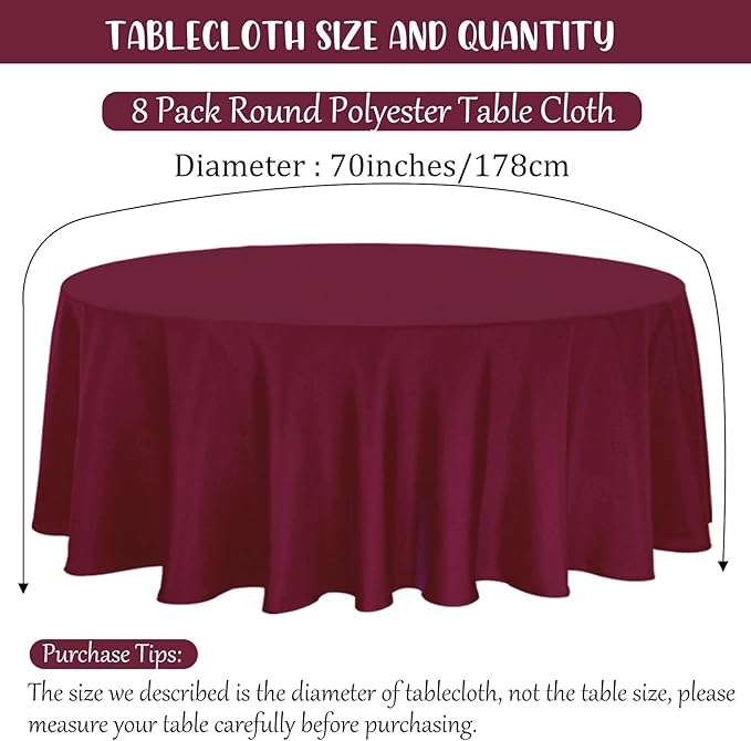 8 Pack Round Tablecloth 70 Inch Round Table Covers Bulk Washable Polyester Fabric Round Table Clothes for Wedding Party Reception Banquet Buffet Restaurant (Burgundy, 70 Inch)