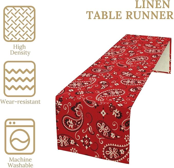 Paisley Table Runner, Boho Vintage Western Red Paisley Flower Print Table Runner for Kitchen Dining Table Wedding Holiday Party Decor, 13x60inch