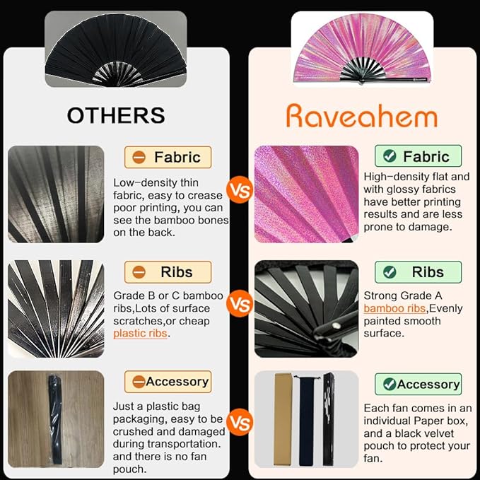 Large Rave Fan, Clack Folding Hand Fan with Premium Fabric, Thick Bamboo Frame for Men Women Gift for EDM, Festival, Club, Party, Dance, Decoration (Lridescent Pink, 13")