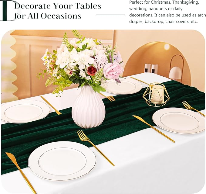 Velvet Table Runner 20 x 120 Inches 10ft Luxurious Thick Soft Velvet Christmas Thanksgiving Wedding Reception Table Runner for Party Reception Decorations(Emerald Green, 1 Pack)
