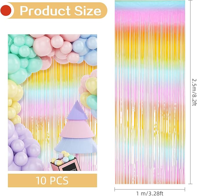 10 Pack Easter Foil Fringe Curtains 3.2ft x 8.2ft Rainbow Backdrop Curtains Photo Booth Background for Birthday Party Decoration Easter Decoration (Colorful)