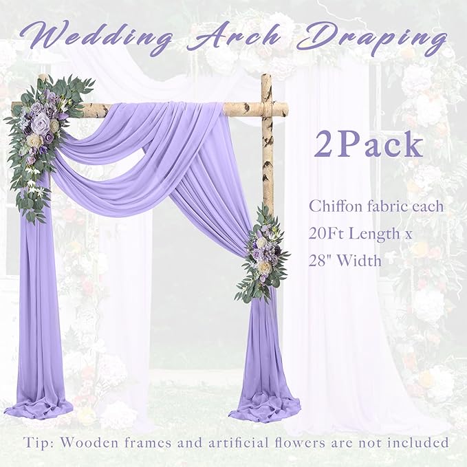Wedding Arch Draping Fabric 2 Panels 20Ft Length x 28" Width Lilac Arch Drapes Chiffon Fabric Sheer Curtains Backdrop for Party Ceremony Decor Wedding Outdoor Indoor Stage Reception Decorations