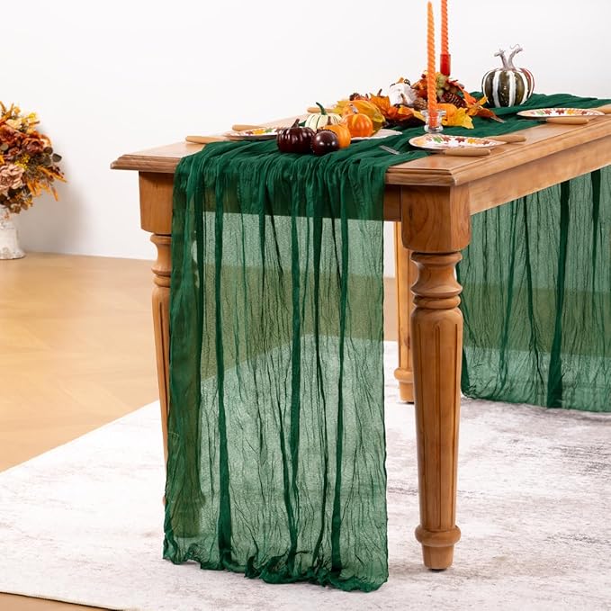 Emerald Green Cheesecloth Table Runner 12 Pack Fall Table Runners Boho Gauze 120 Inches Green Cheese Cloth Fall Table Decorations for Thanksgiving Wedding Bridal Baby Shower Tea Party