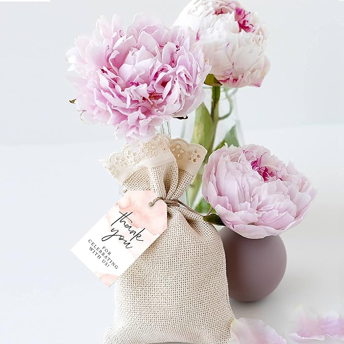 Andaz Press 100-Pack Thank You for Celebrating with Us Favor Tags Coral Brushed Watercolor Cardstock Gift Tags with Bakers Twine for Wedding Baby Shower Bridal Shower Party Favors 2 x 3.75-Inches