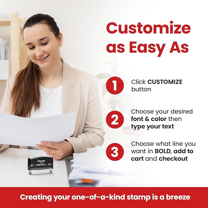 Promot Self Inking 1 Long Line Custom Stamp - Personalized Name Stamp for Office, Teacher, Address & Business Label Stamp - Choose Font, Ink Color, Pad, for Personal & Professional Use
