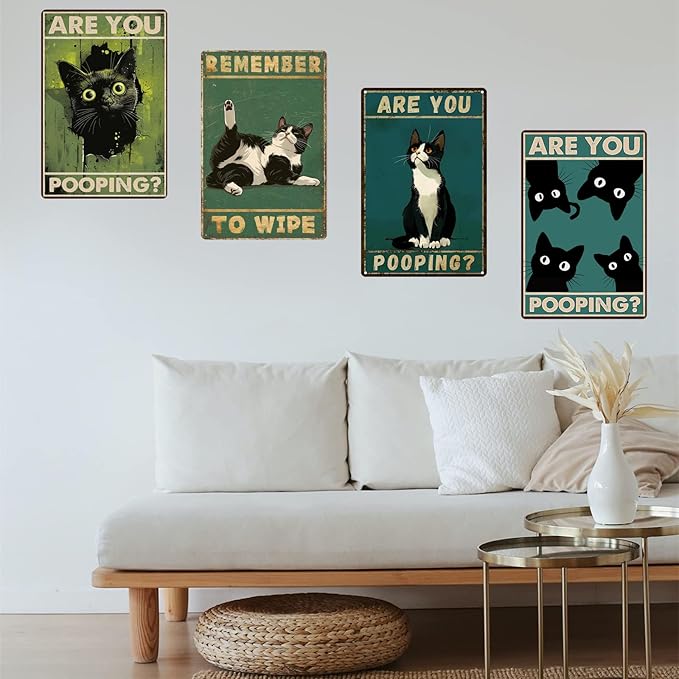 Funny Black Cat "Are You Pooping?" Tin Sign - Humorous Bathroom Wall Décor, 8x12 Inches, Vintage Metal Sign for Indoor & Outdoor Use, Cat Wall Art